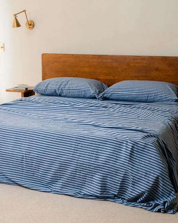 Alternative view of Classic Micro Twill Stripe Melange Flat Top Sheet Indigo | Sand Cloud